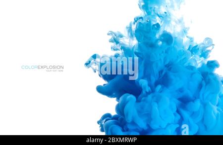Farbexplosion. Closeup blaue Acrylfarbe in Wasser isoliert auf weiß mit Kopierraum für Text Stockfoto