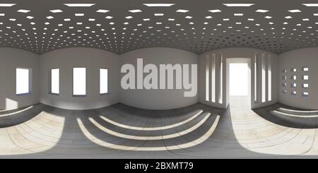 8K HDRI-Karte, sphärischer Umgebungshintergrund, abstrakte, kontrastreiche Panorama-Lichtquelle im Innenraum (3d-Äquivalctangularraendering) Stockfoto