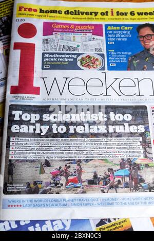 "Top-Wissenschaftler: Zu früh, um Regeln zu lockern" Covid 19 Coronavirus-Corona-Pandemie auf der titelseite der Zeitung i 30 - 31 May 2020 London England UK Stockfoto