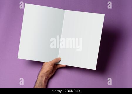 Männliche Hände hält eine geöffnete dreifach-Katalog mit leeren Seiten auf lila Hintergrund, Mock-up-Serie Vorlage bereit für Ihr Design, Seiten Auswahl pa Stockfoto