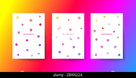 Set aus weißen Hipster-Postern im Memphis-Stil. Vorlage für Flyer, Cover von Broschüren oder Broschüren. Trendige Banner, abstrakte Drucke mit geometrischen Formen Stock Vektor