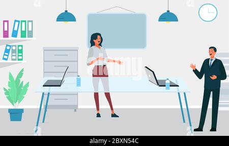 Das Paar arbeitet im Büro und diskutiert über das Treffen Stock Vektor