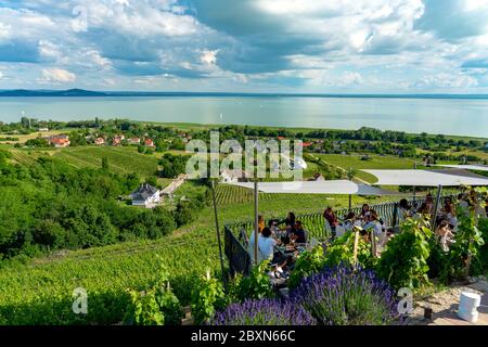 06.07.2018 - Badacsony, Ungarn : Laposa Weinrestaurant mit Gästen hoch oben mit einem schönen Blick auf den Plattensee Stockfoto