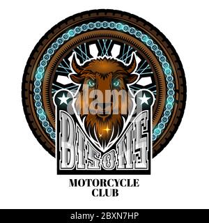 Bisons Kopf in der Mitte des Motorrades, Farblogo isoliert auf weiß. Stock Vektor