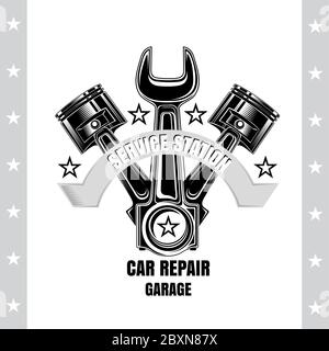 Zwei Kolben und Schraubenschlüssel zwischen. Vintage-Design für Reparaturservice auf weißem Hintergrund Stock Vektor