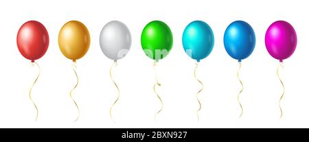 Set von Flug bis Regenbogen Farbe Helium Ballons auf weißem Hintergrund. Realistische bunte Designelemente in rot, weiß, golden, grün, blau, pink Stock Vektor