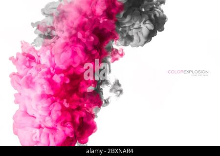 Nahaufnahme von Acrylfarbe in Wasser isoliert auf weiß mit Kopierraum. Vorlagendesign. Abstrakter Hintergrund. Farbexplosion. Farbstruktur Stockfoto