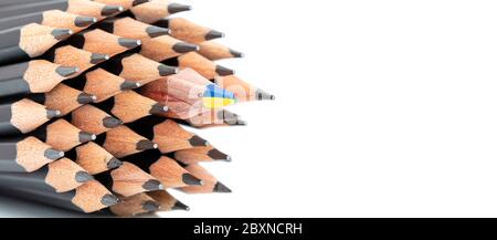 Ein mehrfarbiger Bleistift in einem Bündel von schwarzen Bleistiften Graphit zum Zeichnen auf einem weißen Hintergrund. Makroaufnahme. Stockfoto