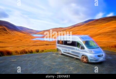 Camper van surreale Illustration hell und bunt an einem See und Hügeln geparkt Stockfoto