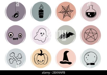 Vektor-Set von flachen Logo Design-Vorlagen, Symbole und Abzeichen für Social Media Highlight mit niedlichen halloween-Symbole Stock Vektor