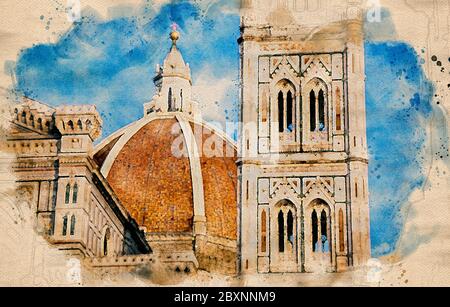 Aquarell der Kathedrale von Florenz die Santa Maria del Fiore in Italien mit der berühmten Kuppel von Filippo Brunelleschi ist das Wahrzeichen der Floren Stockfoto