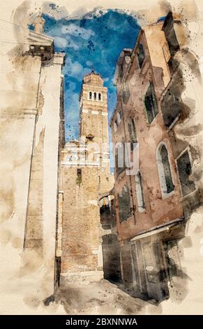 Aquarellmalerei der engen Straße i Venedig, Italien, mit Blick auf die Kirche San Maurizio im Sestiere von San Marco. Stockfoto