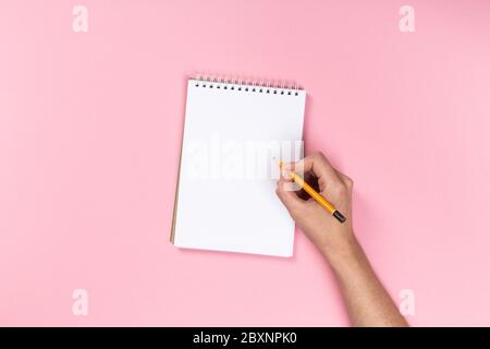 Damenhänden mit perfektem Maniküre-Haltebift und Notizblock als Mockup für Ihr Design. Rosa Hintergrund, flach liegend Stockfoto