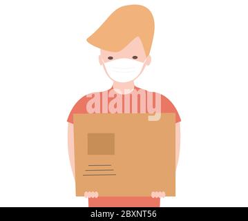 vektor-Illustration mit Kurier in einer medizinischen Maske mit einer Box in den Händen arbeiten während Coronavirus Ausbruch COVID-19. Stock Vektor