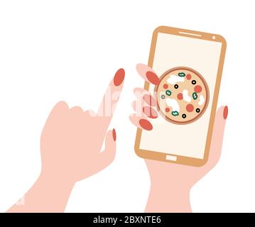 Pizza Delivery Service Konzept Vektor-Illustration mit Hand hält ein Telefon Stock Vektor
