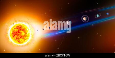 Planeten des Sonnensystems, Sonne, Merkur, Venus, Erde, Mond, Mars, Jupiter, Saturn, Uranus, Neptun, Größen und Dimensionen sind nicht maßstabsgedeutet Stockfoto
