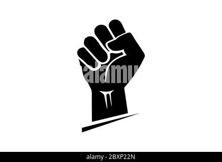 Schwarze Hand in einer geballten Faust angehoben, isoliert auf einem weißen Hintergrund. Freiheit, Emanzipation, Befreiung und Streikikone. Symbol „Schwarze Leben“. Stockfoto