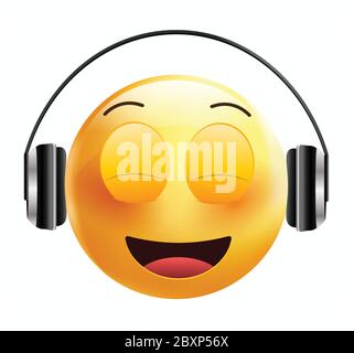 Hochwertige Emoticon isoliert auf weißem Hintergrund.Emoticon mit Kopfhörern.Gelbes Gesicht mit Kopfhörern.Musik Emoticon.Musik Emoji Stock Vektor