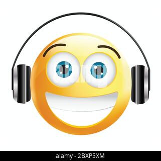 Hochwertige Emoticon isoliert auf weißem Hintergrund.Emoticon mit Kopfhörern.Gelbes Gesicht mit Kopfhörern.Musik Emoticon.Musik Emoji. Stock Vektor
