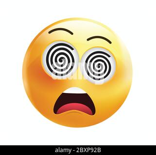 Hochwertiges Emoticon auf weißem Hintergrund.Dizzy emoji.Yellow Gesicht mit X oder Spiralaugen und offenen Mund Emoji Vektor-Illustration.Dizzy Emoticon. Stock Vektor