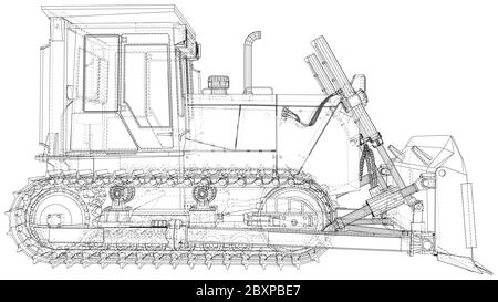 Leistungsstarke hydraulische Planierraupe. Drahtrahmen. Fahrzeug Vektor Illustration Transport. Die Schichten von sichtbaren und unsichtbaren Linien werden getrennt. EPS10-Format Stock Vektor