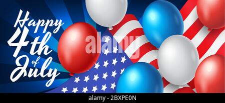 US Independence Day Banner, Poster oder Grußkarte mit Nationalflagge und Ballons auf blauem Hintergrund, Vektor-Illustration Stock Vektor