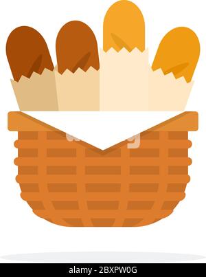 Korb mit Baguettes Vektor flaches Material Design isoliertes Objekt auf weißem Hintergrund. Stock Vektor