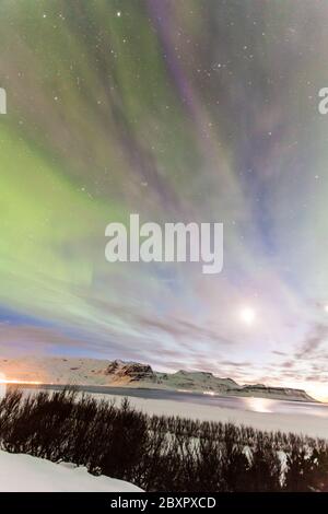 Schöne Aurora Borealis oder besser bekannt als die Nordlichter für die Hintergrundansicht in Island, Snaefellsnesvegur im Winter Stockfoto