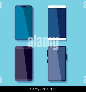 Set von Mobiltelefonen, Smartphones Geräte auf blauem Hintergrund Stock Vektor