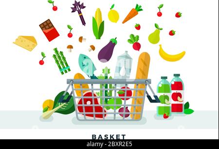 Lebensmittel Korb Vektor flache Symbole mit Fisch, Fleisch, Brot, Beeren, Obst, Mais, Käse, Schokolade, Saft, Milch, Pilze und Gemüse Vektor gesetzt. Stock Vektor