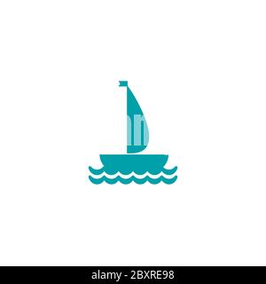 Flache aquamarinblaue Silhouette des Bootes mit Segel und kleiner winkender Flagge auf dem Wasser. Isoliert auf weißem Hintergrund. Seekarte für den Sommer. Stock Vektor