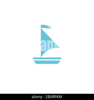 Einfaches Flachboot mit Segel. Symbol für Marine auf weiß isoliert. Blaue Farbe. Vektor nautische Illustration. Reise- oder Kreuzfahrtschild Stock Vektor
