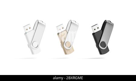 Blank schwarz, weiß und Holz usb-Stick Mockup, keine Schwerkraft Stockfoto