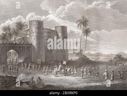 Burg des Sultans von Aden in Lahej, Sultanat von Lahej, im frühen 19. Jahrhundert. Nach einem Stich von Charles Heath aus einem Werk von Henry Salt. Stockfoto