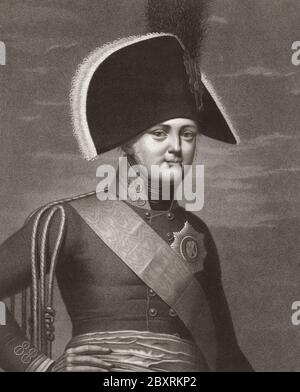 Kaiser Alexander I. von Russland, 1777 – 1825, alias Alexander der Selige. Kaiser von Russland. Nach einem Druck von Antoine-Achille Bourgeois de la Richardière aus dem 19. Jahrhundert, aus einem Werk von Auguste Gaspard Louis Desnoyers Stockfoto