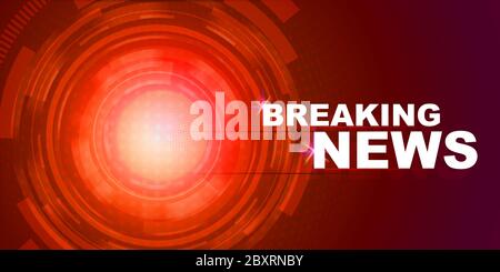 Glänzende Kugel und BREAKING NEWS Inschrift auf rotem Farbverlauf Hintergrund, Illustration Stockfoto