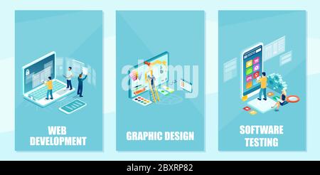 Vector Set von einem IT-Team und Grafikdesigner entwickeln Website, Programmierung, Programmierung, Fehlerbehebung Bugs und Testen von mobilen Apps Stock Vektor