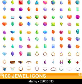 100 Schmuckstein-Symbole gesetzt. Cartoon Illustration von 100 Juwel-Icons Vektor-Set isoliert auf weißem Hintergrund Stock Vektor