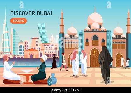 Konzept für den Tourismus nach Dubai. Vektor von traditionellen und modernen Gebäuden, Wahrzeichen und Skyline der Stadt in den VAE Stock Vektor