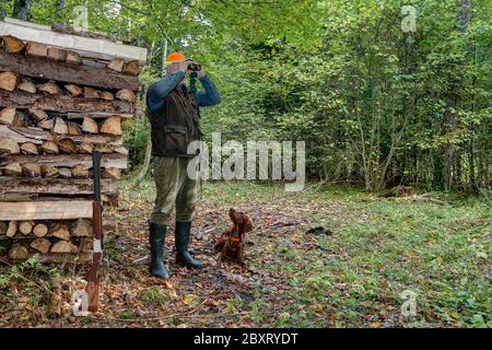 Ein Jäger steht an einem Holzstapel auf einer kleinen Waldlichtung und beobachtet das Jagdgebiet durch sein Fernglas. Stockfoto