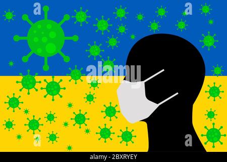 Mensch mit einem Mund Gesicht Masken oder Mund Cover mit Virus mit UKRAINE-Flagge umgeben Stockfoto