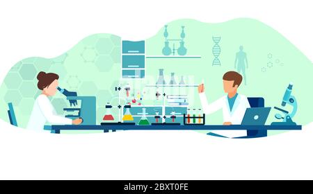 Vektor von Laborforschern, die neue Viren studieren, die in einem Labor mit einem Mikroskop und Laborgeräten arbeiten. Stock Vektor