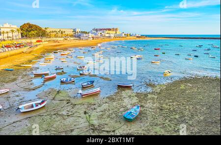 Die kleinen hölzernen Fischerboote stehen auf dem flachen Hafen von La Caleta, Cadiz, Spanien Stockfoto