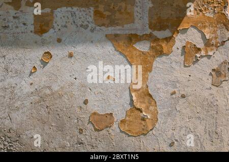 Gelbe verwitterte Fassade eines alten verlassenen Herrenhauses. Abgefellt Farbe der Wand schaffen eine Form eines abstrakten Tieres. Jablonica Stockfoto