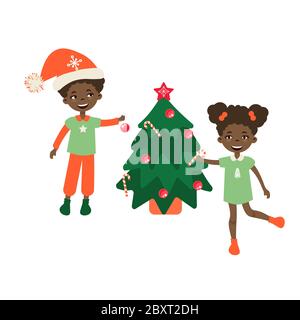 Kinder schmücken einen Weihnachtsbaum Vektor-Illustration. Stock Vektor