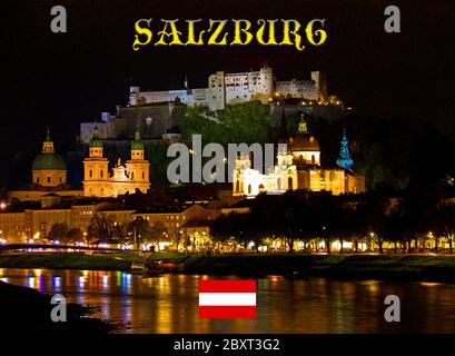 Die österreichische Stadt Salzburg in den Ostalpen bei Nacht - Hohensalzburg Schloss (oben), Salzburger Dom (unten links) und Kolle Stockfoto