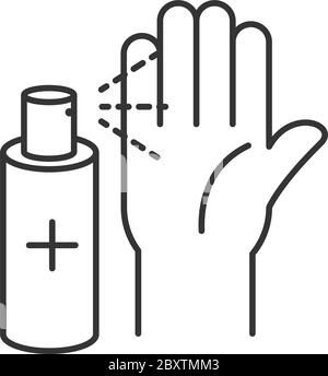 Reinigung Desinfektion, antiseptische Sprühflasche in der Hand, Coronavirus Prävention Desinfektionsmittel Produkte Linie Stil Symbol Vektor Illustration Stock Vektor