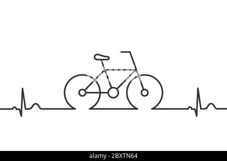 Fahrrad mit Herzschlag Linie Symbol. Radfahren als gesunder Lebensstil. Fahrrad mit Elektrokardiogramm (EKG oder EKG). Symbol für Impulslinie. Schwarze Umrandung auf Weiß Stock Vektor