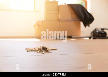 Verschieben. Pappkartons für den Umzug in ein neues, sauberes Zuhause. An einem sonnigen Tag durch ein Fenster im Dachgeschoss. Stockfoto