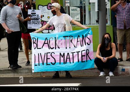 Protestler mit Black Trans Lives Matter Schild bei Demonstration zu Ehren von George Floyd, im Highland Park Viertel von Los Angeles, Kalifornien Stockfoto